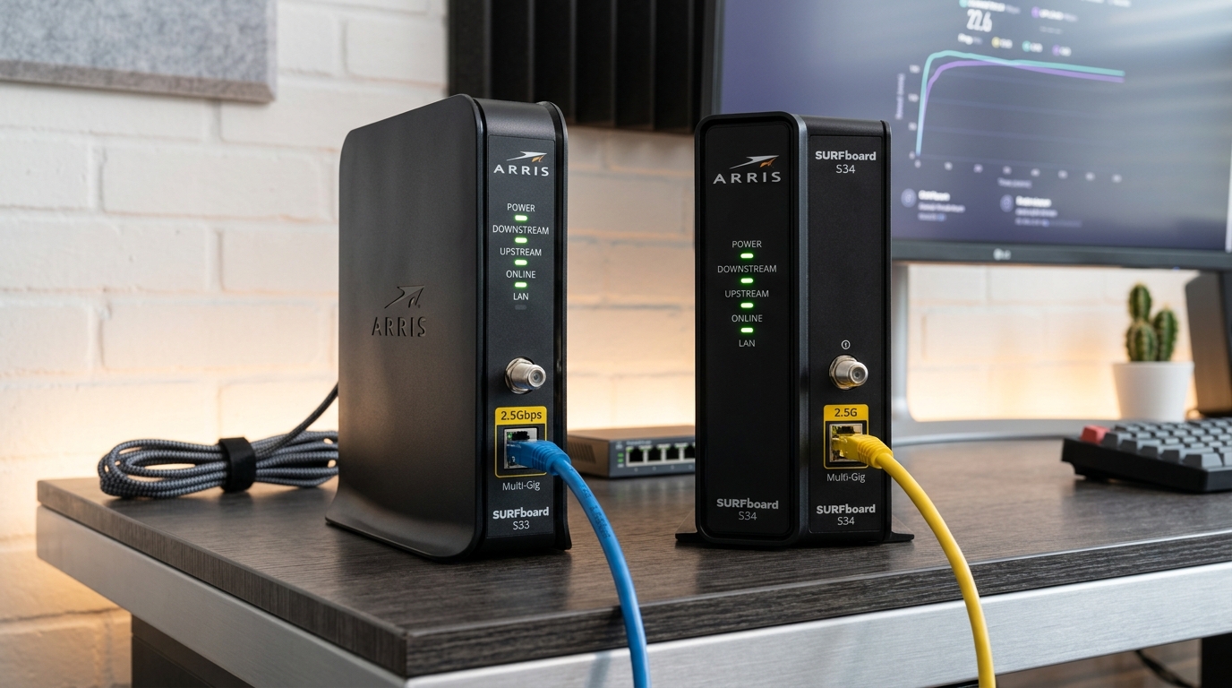 ARRIS SURFboard S33 and ARRIS S34 DOCSIS 3.1 cable modems side by side showing multi gigabit Ethernet ports, coax connection, and front status LEDs