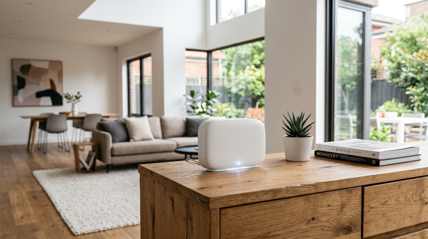 Modern multi-node mesh Wi-Fi system setup providing seamless gigabit coverage throughout a multi-story home