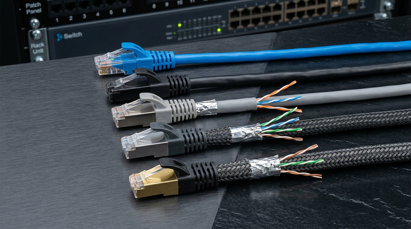 Physical RJ45 Ethernet patch cables comparison showing Cat5e, Cat6, and Cat7 cable jackets and internal shielding