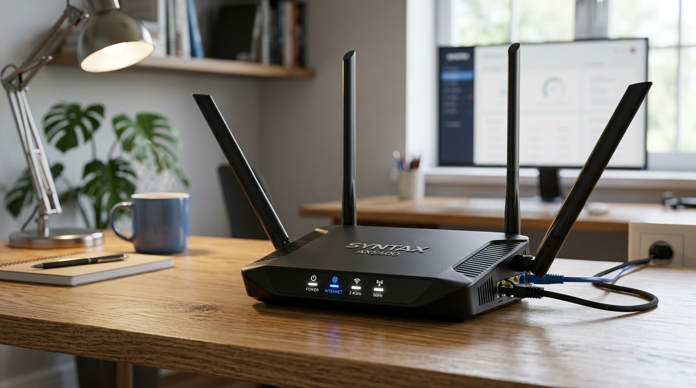 Modern Wi-Fi 6 gigabit home router with high gain beamforming antennas and Ethernet connections on an office desk